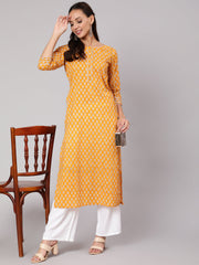 Women Mustard Ethnic Printed Straight Kurta With Three Quarter Sleeves