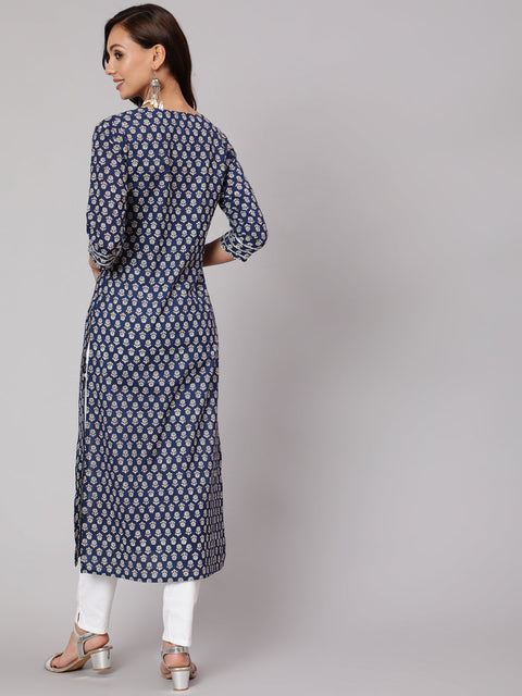 Women Blue Ethnic Printed Straight Kurta With Three Quarter Sleeves