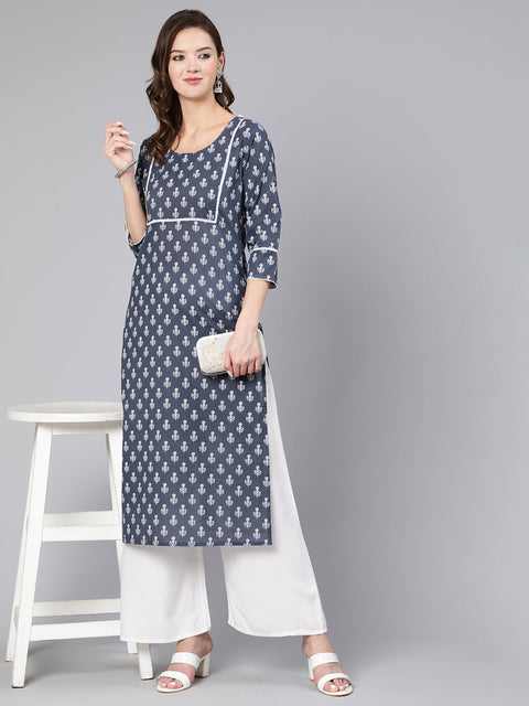 Women Grey Ethnic Printed Straight Kurta With Three Quarter Sleeves