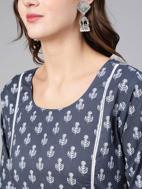 Women Grey Ethnic Printed Straight Kurta With Three Quarter Sleeves
