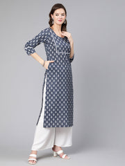 Women Grey Ethnic Printed Straight Kurta With Three Quarter Sleeves