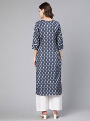 Women Grey Ethnic Printed Straight Kurta With Three Quarter Sleeves