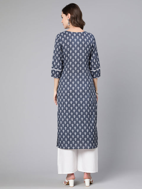 Women Grey Ethnic Printed Straight Kurta With Three Quarter Sleeves