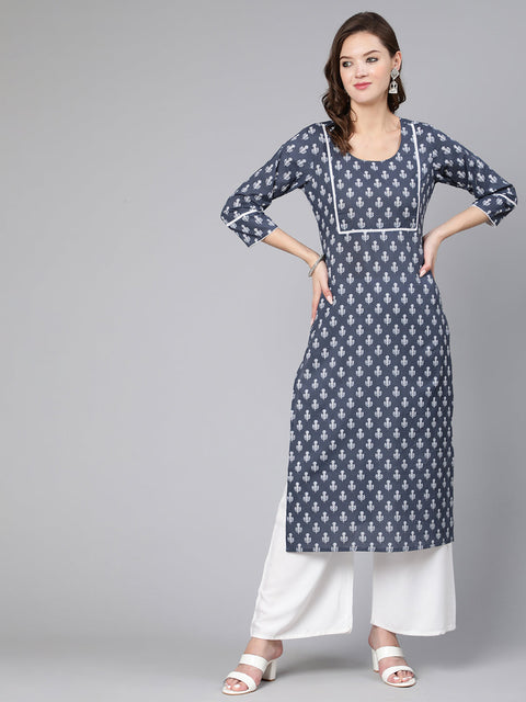 Women Grey Ethnic Printed Straight Kurta With Three Quarter Sleeves