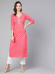 Women Pink Ethnic Printed Straight Kurta With Three Quarter Sleeves