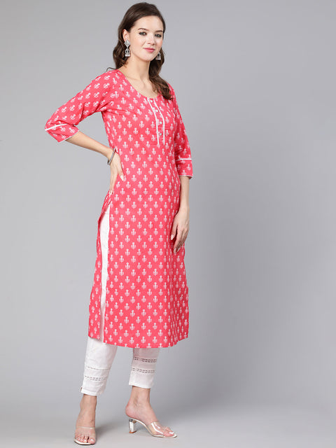 Women Pink Ethnic Printed Straight Kurta With Three Quarter Sleeves