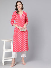 Women Pink Ethnic Printed Straight Kurta With Three Quarter Sleeves