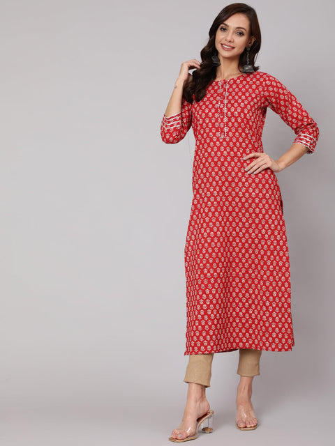 Women Red Ethnic Printed Straight Kurta With Three Quarter Sleeves