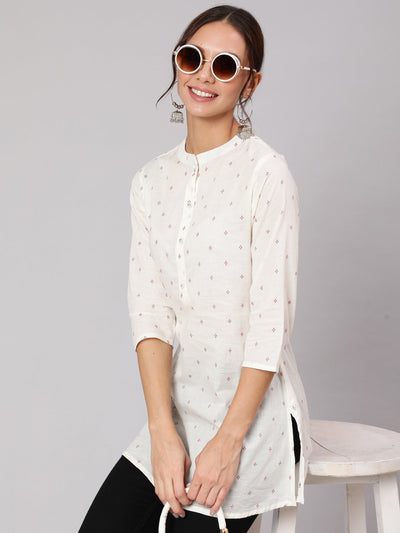 Women White Printed Straight Tunic With Three Quarter Sleeves