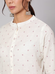 Women White Printed Straight Tunic With Three Quarter Sleeves