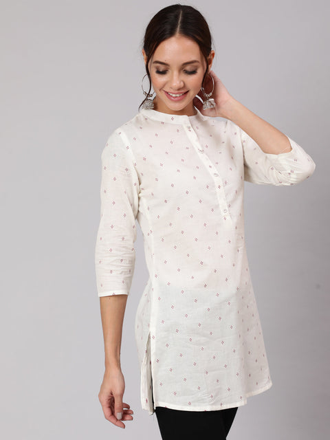 Women White Printed Straight Tunic With Three Quarter Sleeves