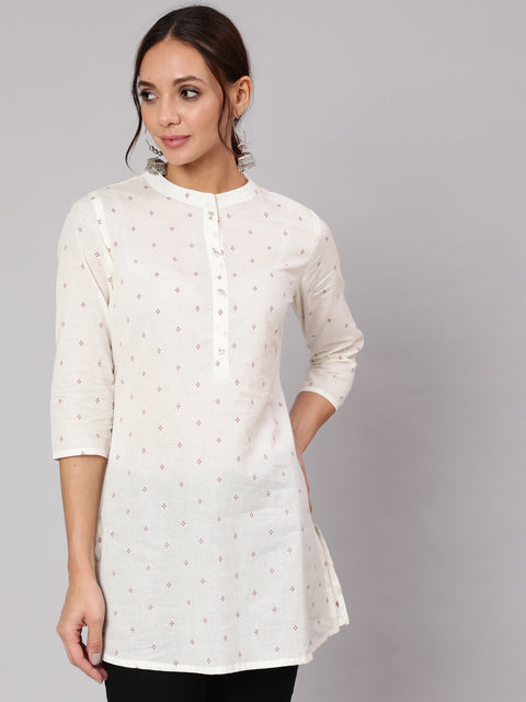 Women White Printed Straight Tunic With Three Quarter Sleeves