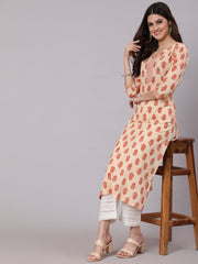 Women Cream Ethnic Printed Straight Kurta With Three Quarter Sleeves