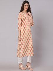 Women Cream Ethnic Printed Straight Kurta With Three Quarter Sleeves