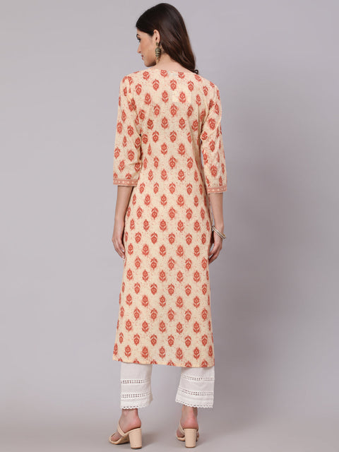 Women Cream Ethnic Printed Straight Kurta With Three Quarter Sleeves