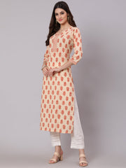 Women Cream Ethnic Printed Straight Kurta With Three Quarter Sleeves