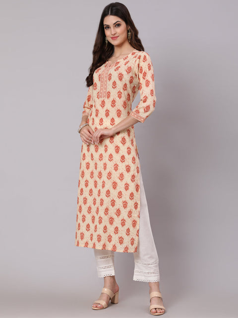 Women Cream Ethnic Printed Straight Kurta With Three Quarter Sleeves