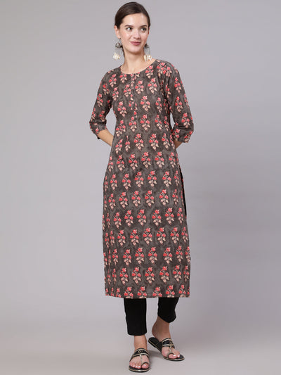 Women Grey Printed Straight Kurta With Three Quarter Sleeves