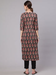 Women Grey Printed Straight Kurta With Three Quarter Sleeves
