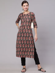 Women Grey Printed Straight Kurta With Three Quarter Sleeves