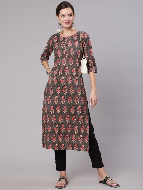 Women Grey Printed Straight Kurta With Three Quarter Sleeves