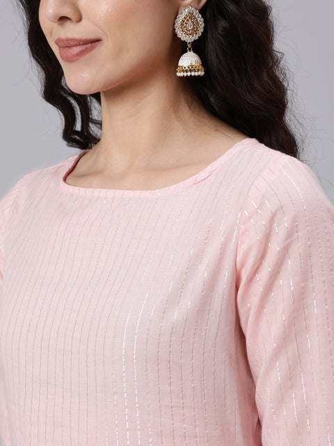 Women Pink Color With Silver Stripe Solid Straight Kurta