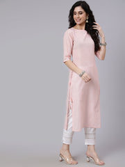 Women Pink Color With Silver Stripe Solid Straight Kurta