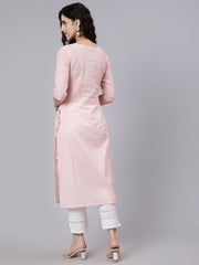 Women Pink Color With Silver Stripe Solid Straight Kurta