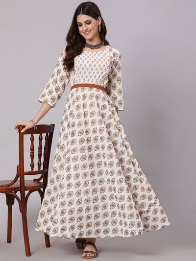 Women White & Yellow Ethnic Printed Dress With Three Quarter Sleeves