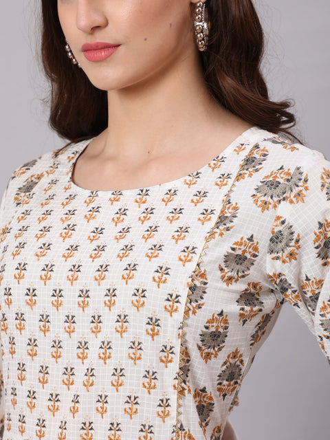 Women White & Yellow Ethnic Printed Dress With Three Quarter Sleeves