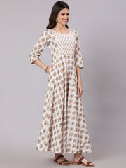 Women White & Yellow Ethnic Printed Dress With Three Quarter Sleeves