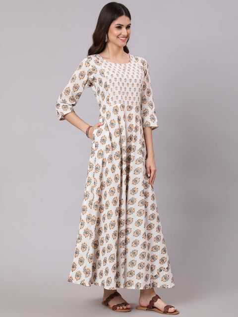 Women White & Yellow Ethnic Printed Dress With Three Quarter Sleeves