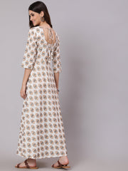 Women White & Yellow Ethnic Printed Dress With Three Quarter Sleeves