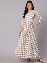 Women White & Yellow Ethnic Printed Dress With Three Quarter Sleeves