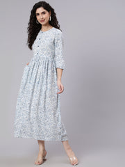 Women White Ethnic Printed Flared Dress With Round Neck