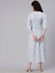 Women White Ethnic Printed Flared Dress With Round Neck