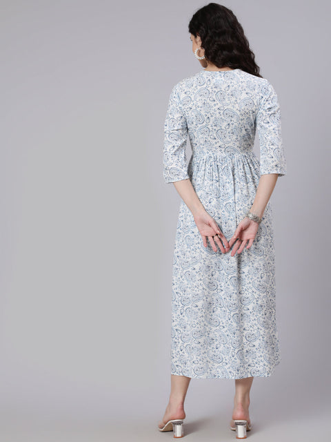 Women White Ethnic Printed Flared Dress With Round Neck