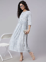 Women White Ethnic Printed Flared Dress With Round Neck