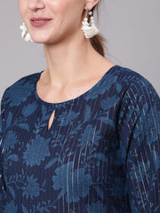 Women Navy Blue Floral Printed Straight Tunic