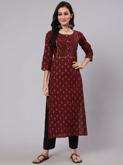 Women Burgundy Ethnic Printed Straight Kurta With Three Quarter Sleeves