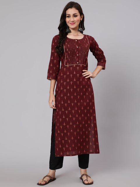 Women Burgundy Ethnic Printed Straight Kurta With Three Quarter Sleeves