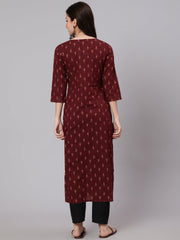 Women Burgundy Ethnic Printed Straight Kurta With Three Quarter Sleeves
