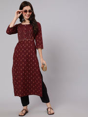 Women Burgundy Ethnic Printed Straight Kurta With Three Quarter Sleeves