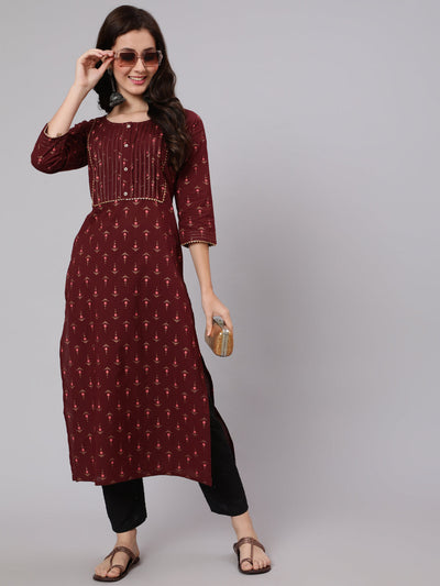 Women Burgundy Ethnic Printed Straight Kurta With Three Quarter Sleeves