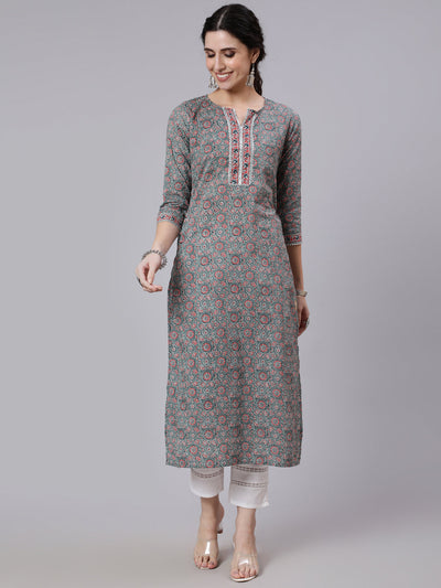 Women Grey Ethnic Printed Straight Kurta With Three Quarter Sleeves