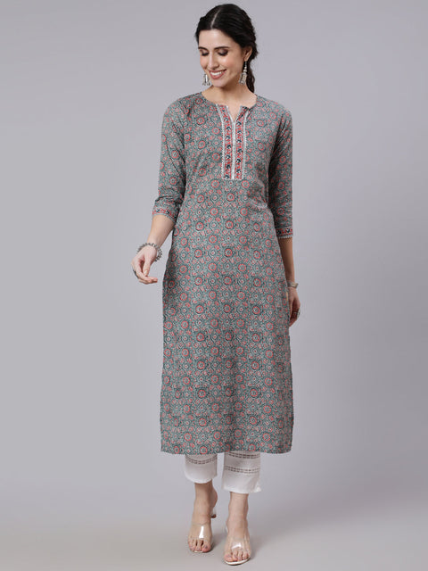 Women Grey Ethnic Printed Straight Kurta With Three Quarter Sleeves
