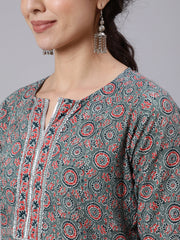 Women Grey Ethnic Printed Straight Kurta With Three Quarter Sleeves