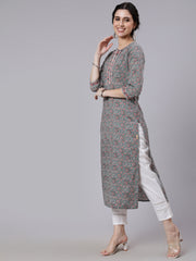 Women Grey Ethnic Printed Straight Kurta With Three Quarter Sleeves
