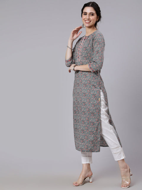 Women Grey Ethnic Printed Straight Kurta With Three Quarter Sleeves