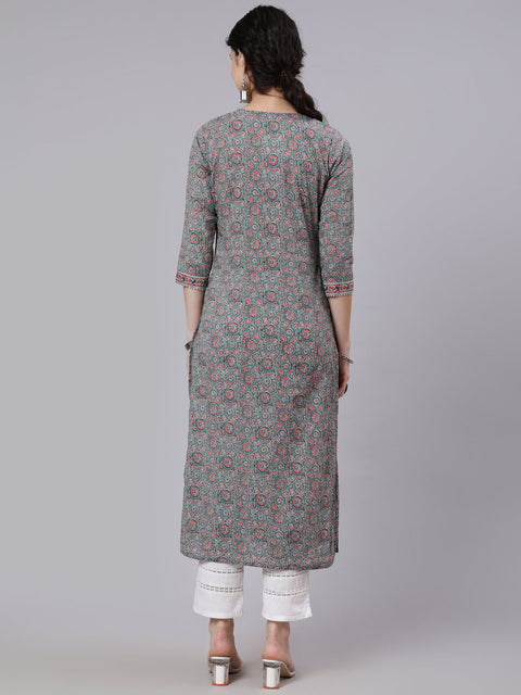 Women Grey Ethnic Printed Straight Kurta With Three Quarter Sleeves